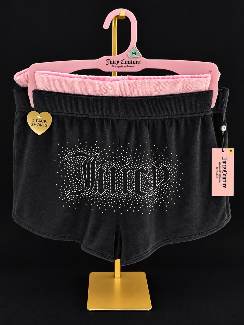 Juicy Couture 2-Pack Velour Sleep Shorts Pink Black Rhinestone Size M